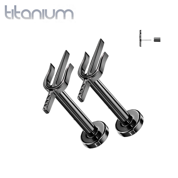 Pair of Implant Grade Titanium Threadless Black PVD Dainty Trident Push In Earrings With Flat Back - Pierced Universe