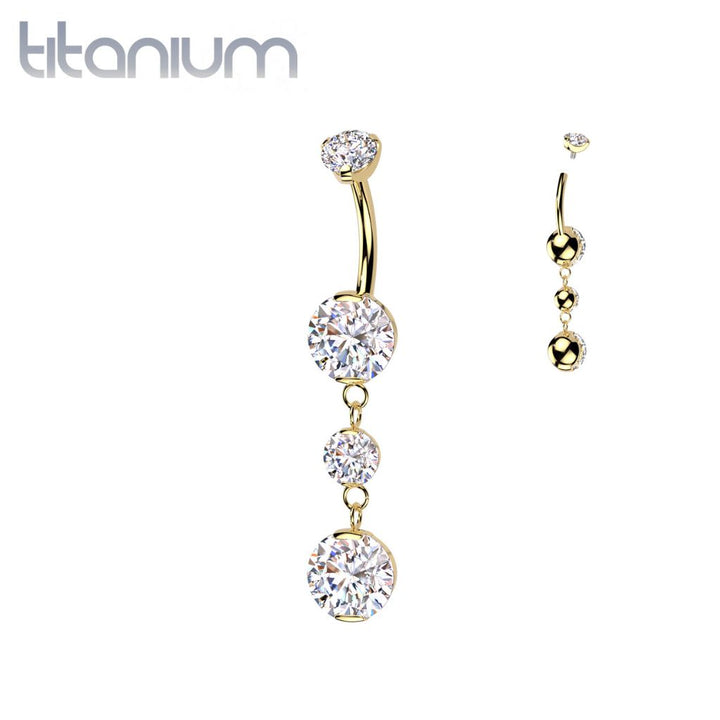 Implant Grade Titanium Gold PVD White CZ Internally Threaded Multi Gem Dangle Belly Ring - Pierced Universe