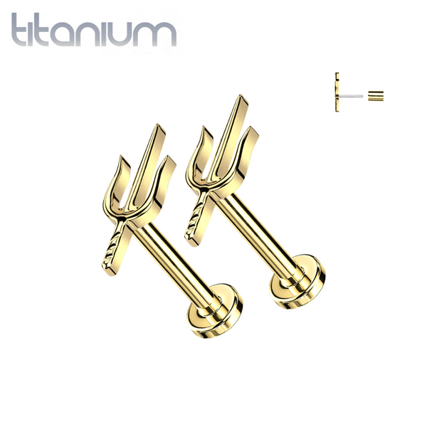 Pair of Implant Grade Titanium Threadless Gold PVD Dainty Trident Push In Earrings With Flat Back - Pierced Universe