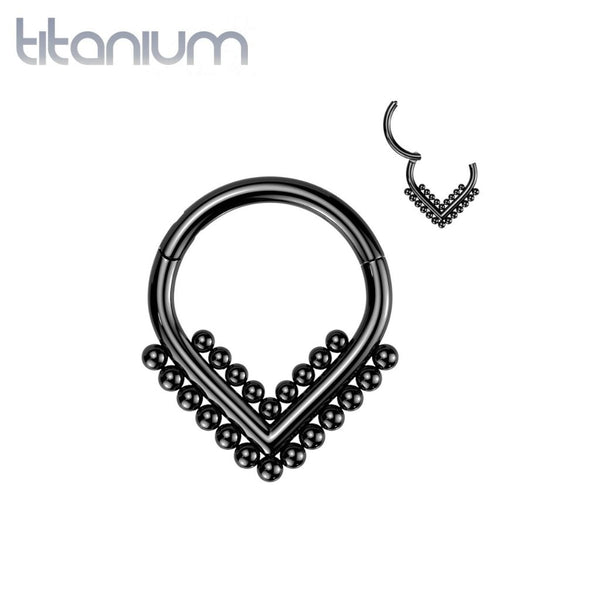 Implant Grade Titanium Black PVD Beaded Tribal V Shaped Hinged Clicker Hoop - Pierced Universe