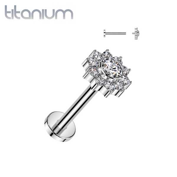 Implant Grade Titanium White CZ Flower Internally Threaded Flat Back Labret