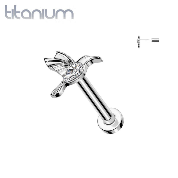 Implant Grade Titanium White CZ Hummingbird Threadless Labret With Flat Back - Pierced Universe