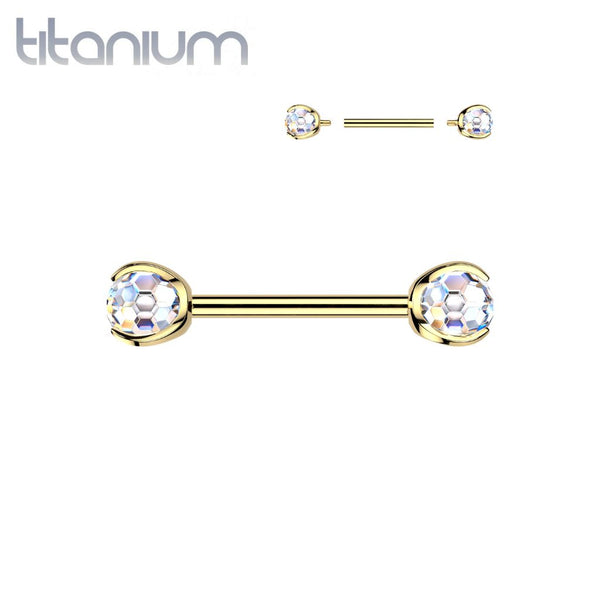 Implant Grade Titanium Gold PVD White CZ Faceted Gem  Ball Internally Threaded Straight Barbell