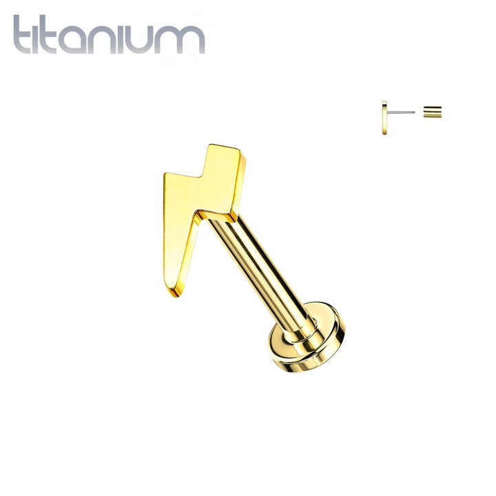 Implant Grade Titanium Threadless Push In Tragus/Cartilage Gold PVD Lightning Bolt Stud With Flat Back - Pierced Universe
