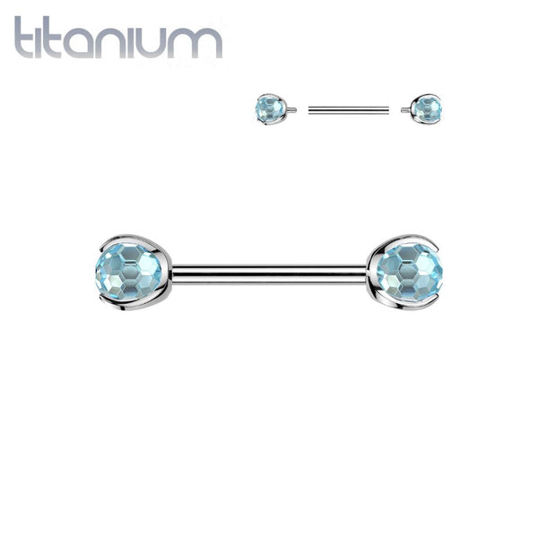 Implant Grade Titanium Aqua CZ Faceted Gem Ball Internally Threaded Straight Barbell