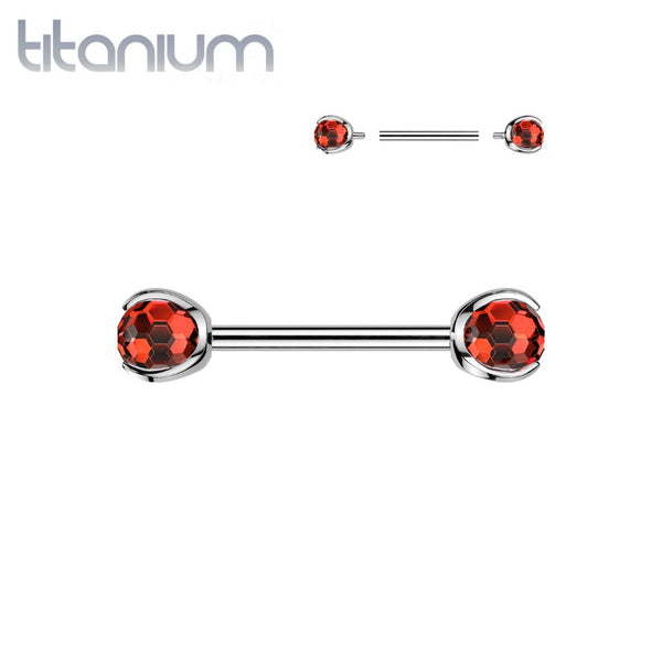 Implant Grade Titanium Red CZ Faceted Gem Ball Internally Threaded Straight Barbell