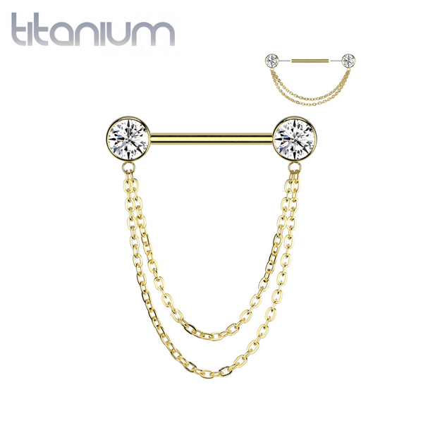 Implant Grade Titanium Gold PVD White CZ Bezel Chain Dangle Threadless Push In Straight Barbell Nipple Ring