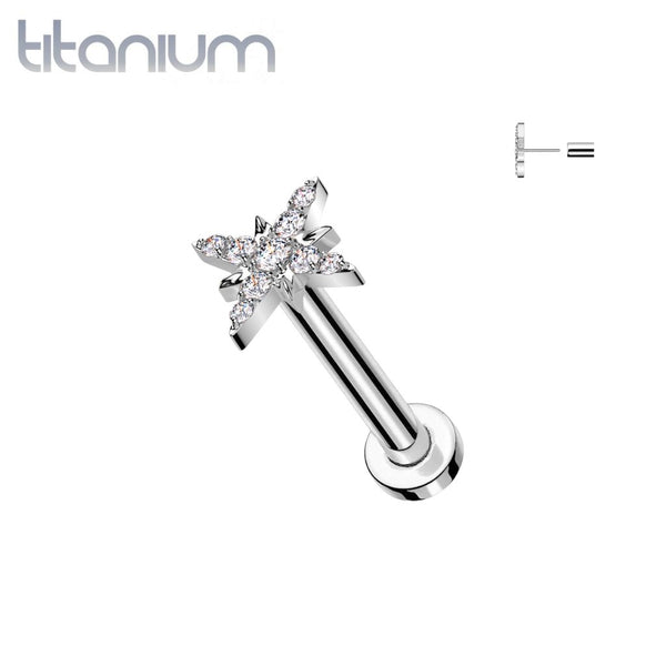 Implant Grade Titanium White CZ Large Starburst Push In Threadless Labret With Flat Back - Pierced Universe