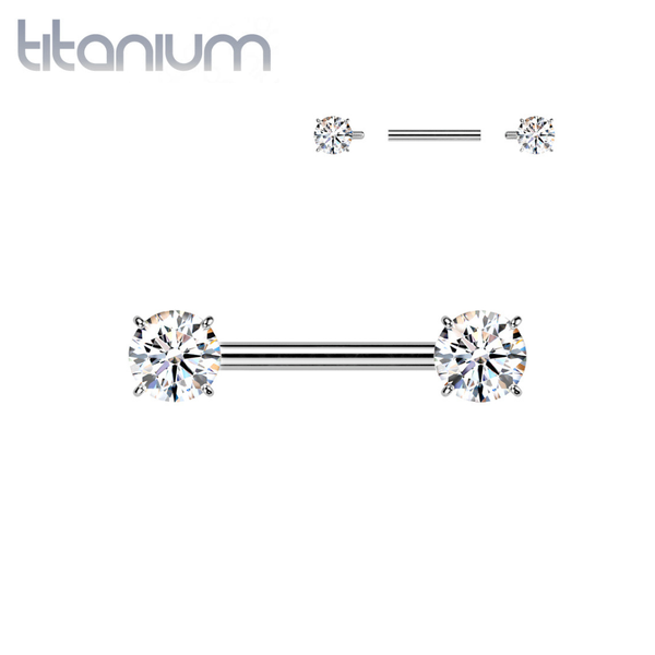 Implant Grade Titanium White CZ Internally Threaded Straight Barbell Nipple Ring - Pierced Universe