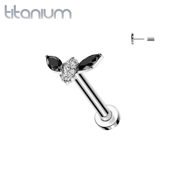 Implant Grade Titanium Black & White Marquise Curved Gem Threadless Push In Labret With Flat Back