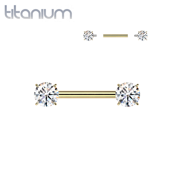 Implant Grade Titanium Gold PVD White CZ Internally Threaded Straight Barbell Nipple Ring - Pierced Universe
