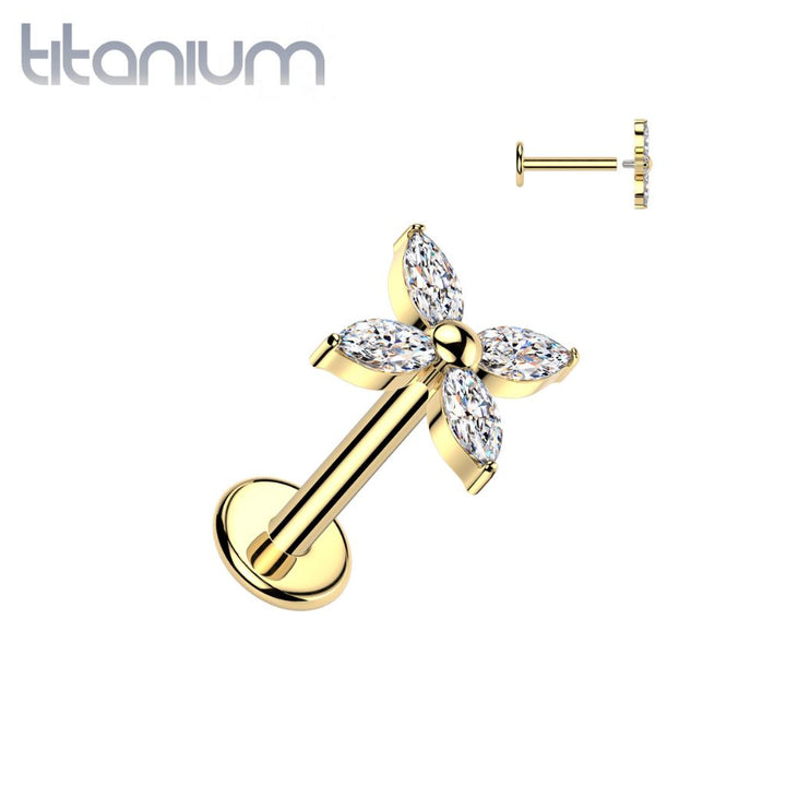 Implant Grade Titanium Gold PVD White CZ Large Four Petal Flower Internally Threaded Flat Back Labret - Pierced Universe