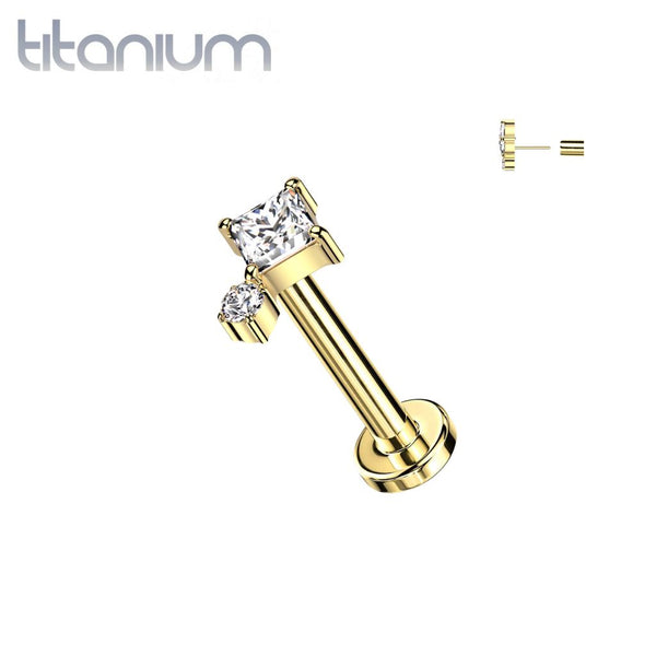 Implant Grade Titanium Gold PVD White CZ Square & Circle Gem Cluster Push In Threadless Labret With Flat Back - Pierced Universe
