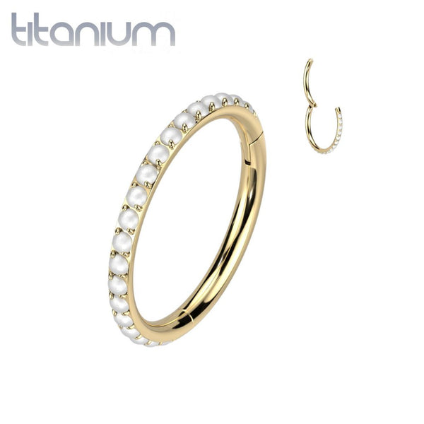 Implant Grade Titanium Gold PVD Pearl Studded Hinged Cartilage Clicker Hoop