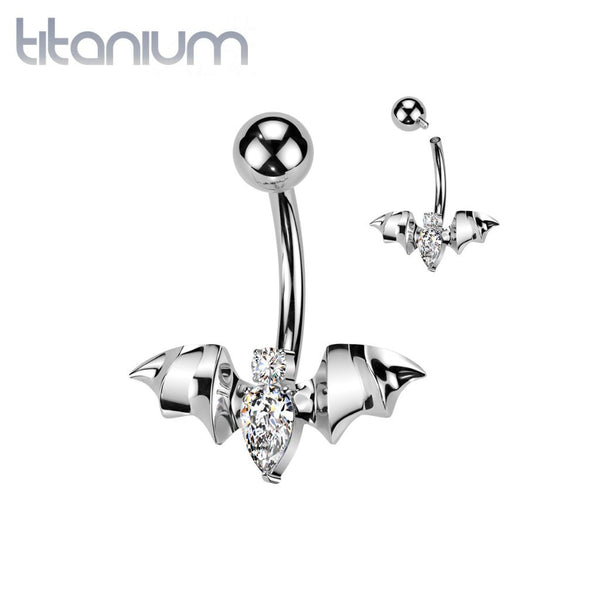 Implant Grade Titanium White CZ Internally Threaded Flying Bat Non Dangle Belly Ring - Pierced Universe