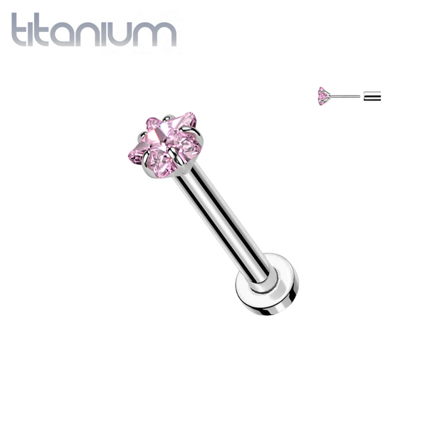 Implant Grade Titanium Threadless Pink CZ Star Shaped Gem Push In Labret With Flat Back