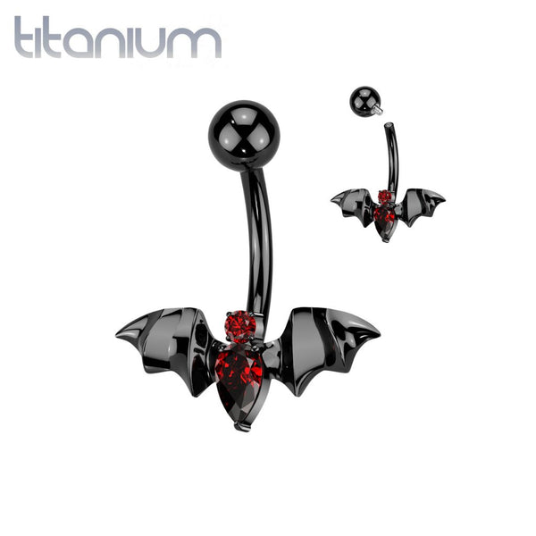 Implant Grade Titanium Black PVD Red CZ Internally Threaded Flying Bat Non Dangle Belly Ring - Pierced Universe