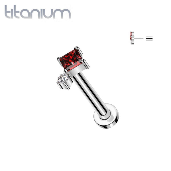 Implant Grade Titanium Red White CZ Square & Circle Gem Cluster Push In Threadless Labret With Flat Back - Pierced Universe