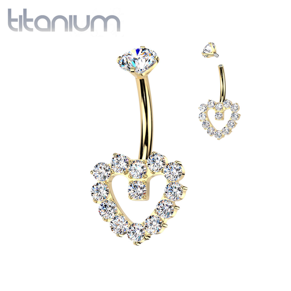 Implant Grade Titanium Gold PVD White CZ Gem Heart Internally Threaded Belly Ring