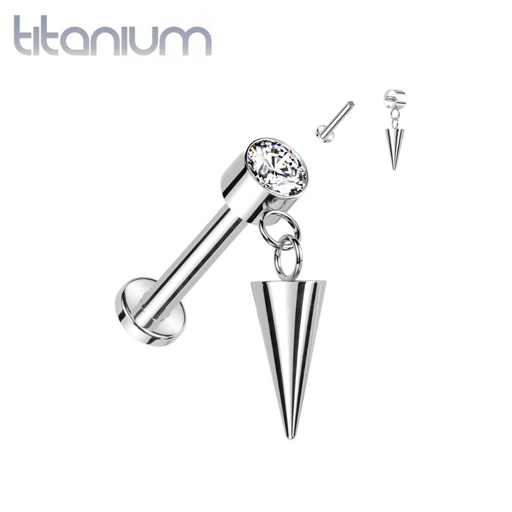 Implant Grade Titanium White CZ Bezel Spike Dangle Internally Threaded Flat Back Labret - Pierced Universe