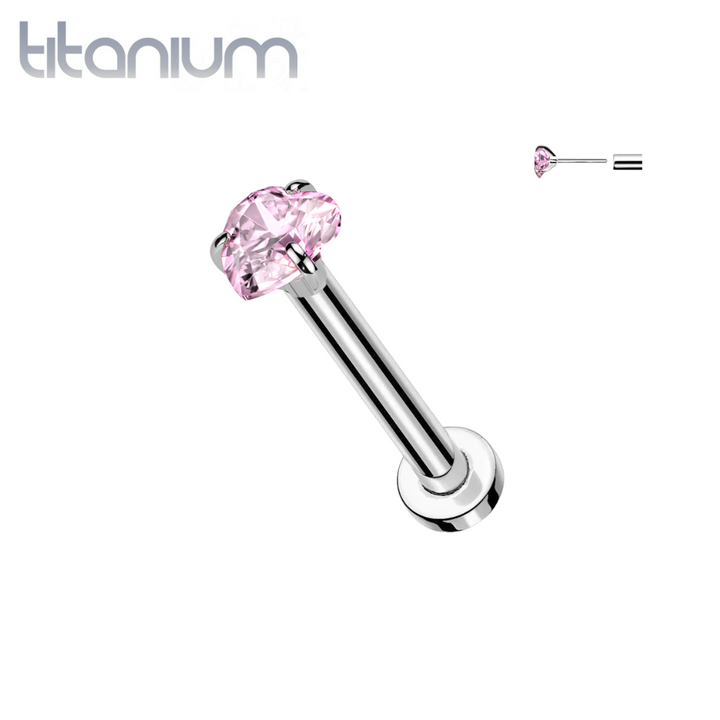 Implant Grade Titanium Threadless Push In Pink CZ Heart Nose Ring With Flat Back - Pierced Universe