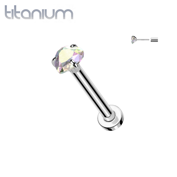 Implant Grade Titanium Threadless Aurora Borealis CZ Heart Shaped Gem Push In Labret With Flat Back