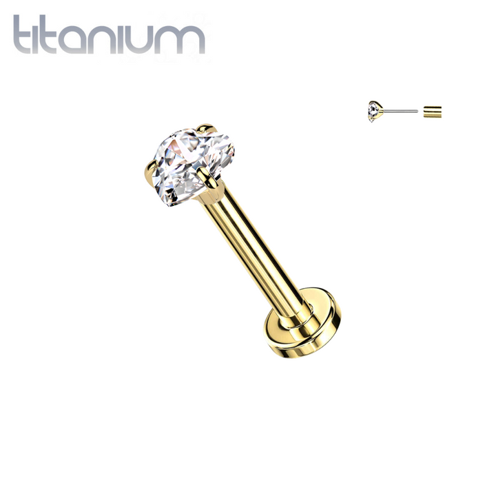 Implant Grade Titanium Gold PVD Threadless Push In White CZ Heart Nose Ring With Flat Back - Pierced Universe