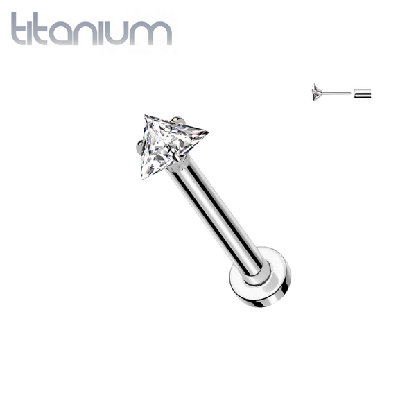 Implant Grade Titanium Threadless White CZ Triangle Shaped Gem Push In Labret With Flat Back