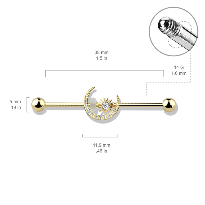 316L Surgical Steel Gold PVD White CZ Gem Moon & Star Industrial Barbell - Pierced Universe