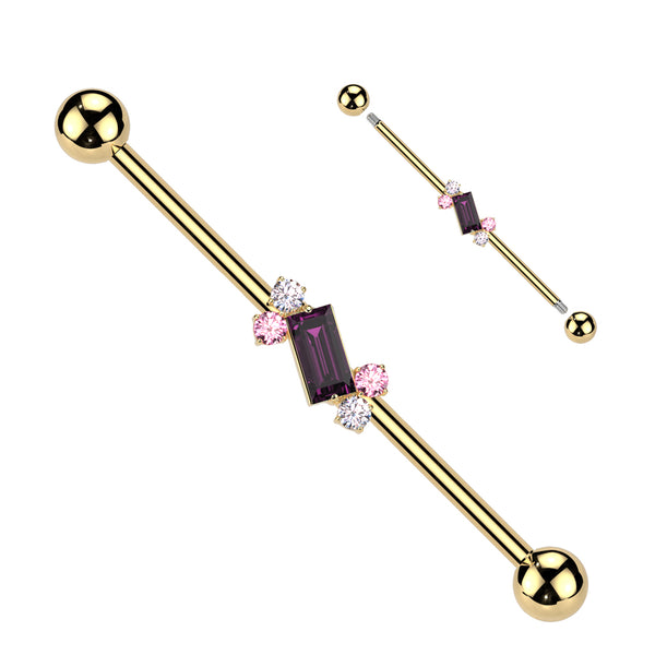 316L Surgical Steel Gold PVD Purple Baguette White & Pink Gem Cluster Industrial Barbell