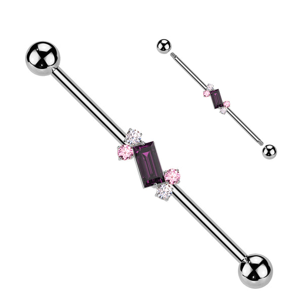 316L Surgical Steel Purple Baguette White & Pink Gem Cluster Industrial Barbell