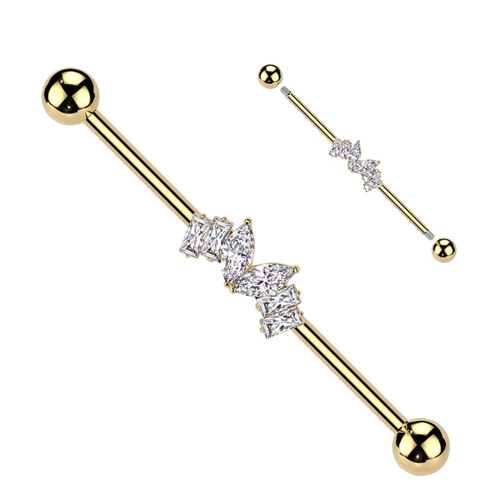 316L Surgical Steel Gold PVD White CZ Marquise & Baguette Gem Industrial Barbell - Pierced Universe