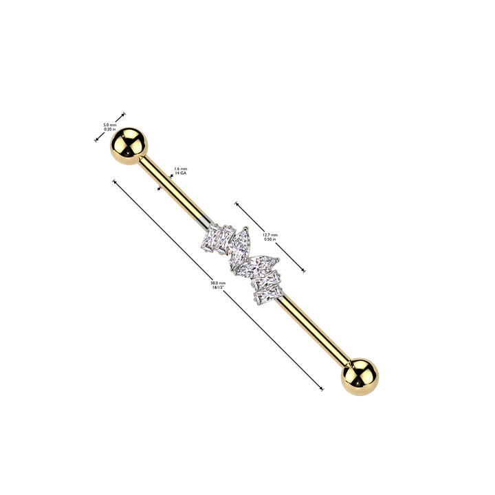 316L Surgical Steel Gold PVD White CZ Marquise & Baguette Gem Industrial Barbell - Pierced Universe