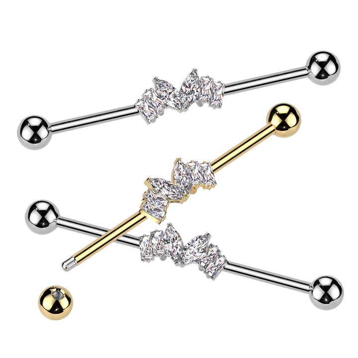 316L Surgical Steel Gold PVD White CZ Marquise & Baguette Gem Industrial Barbell - Pierced Universe