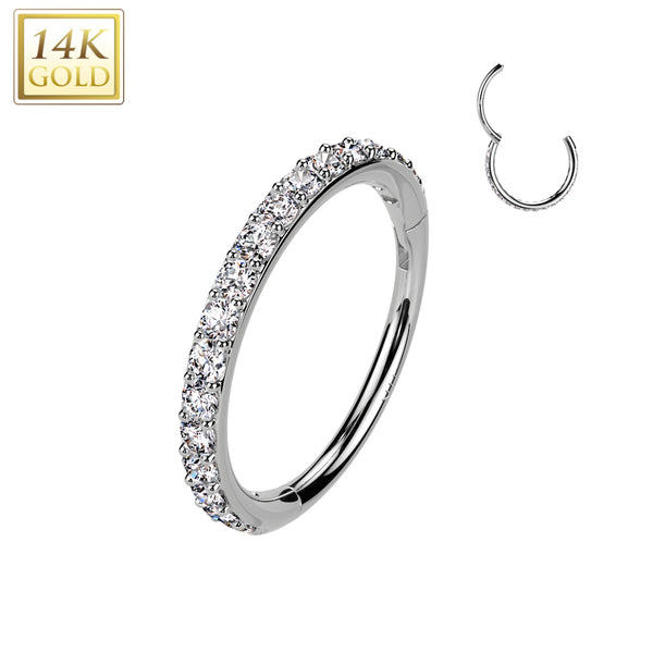 14KT White Gold White CZ Pave Hinged Clicker Nose Hoop - Pierced Universe