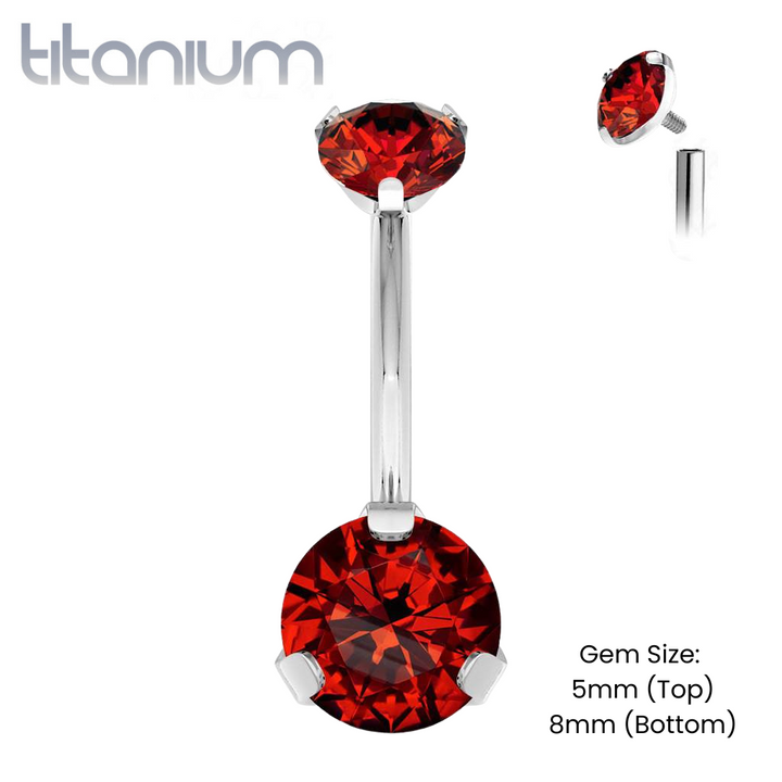 Implant Grade Titanium Internally Threaded Red CZ Prong Belly Button Navel Ring - Pierced Universe
