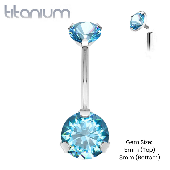 Implant Grade Titanium Internally Threaded Aqua CZ Prong Belly Button Navel Ring - Pierced Universe