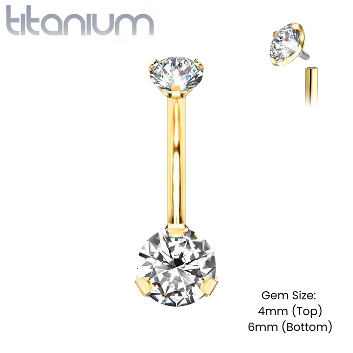 Implant Grade Titanium Internally Threaded Gold PVD White CZ Prong Belly Button Navel Ring - Pierced Universe