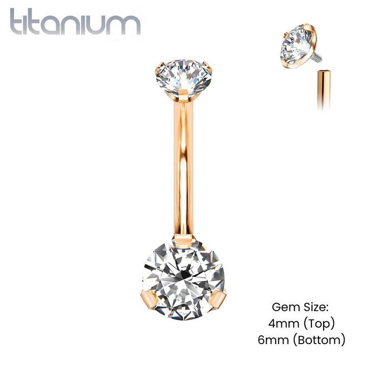 Implant Grade Titanium Internally Threaded Rose Gold PVD White CZ Prong Belly Button Navel Ring - Pierced Universe