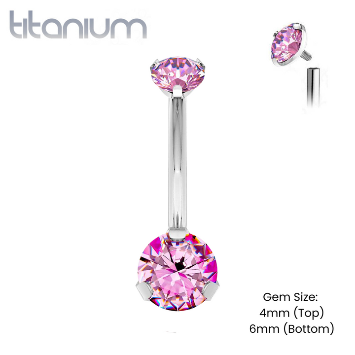 Implant Grade Titanium Internally Threaded Pink CZ Prong Belly Button Navel Ring - Pierced Universe