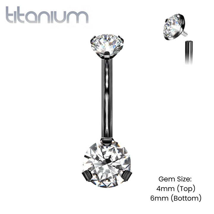 Implant Grade Titanium Internally Threaded Black PVD White CZ Prong Belly Button Navel Ring - Pierced Universe