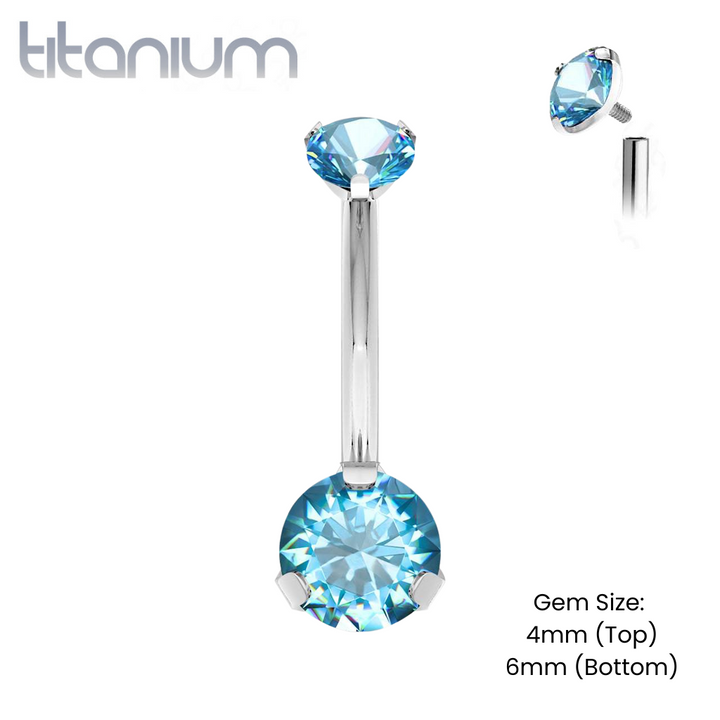 Implant Grade Titanium Internally Threaded Aqua CZ Prong Belly Button Navel Ring - Pierced Universe