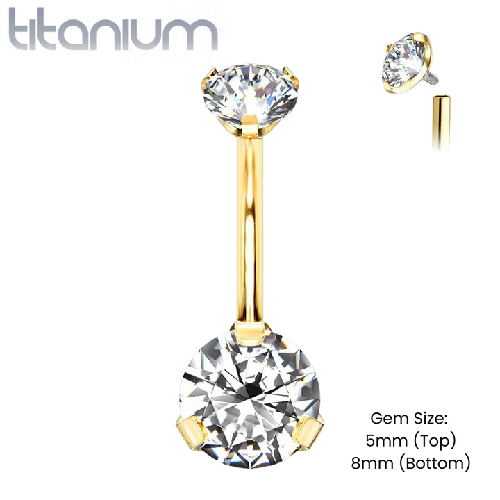 Implant Grade Titanium Internally Threaded Gold PVD White CZ Prong Belly Button Navel Ring - Pierced Universe