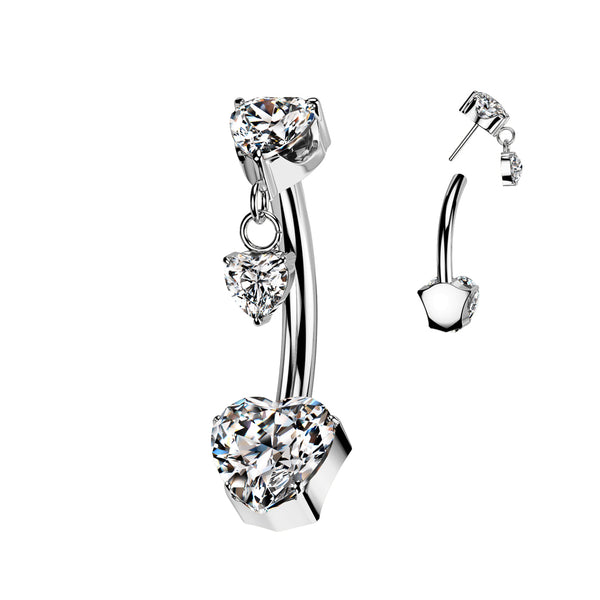 Implant Grade Titanium Threadless Push In White CZ Heart Dangle Belly Ring