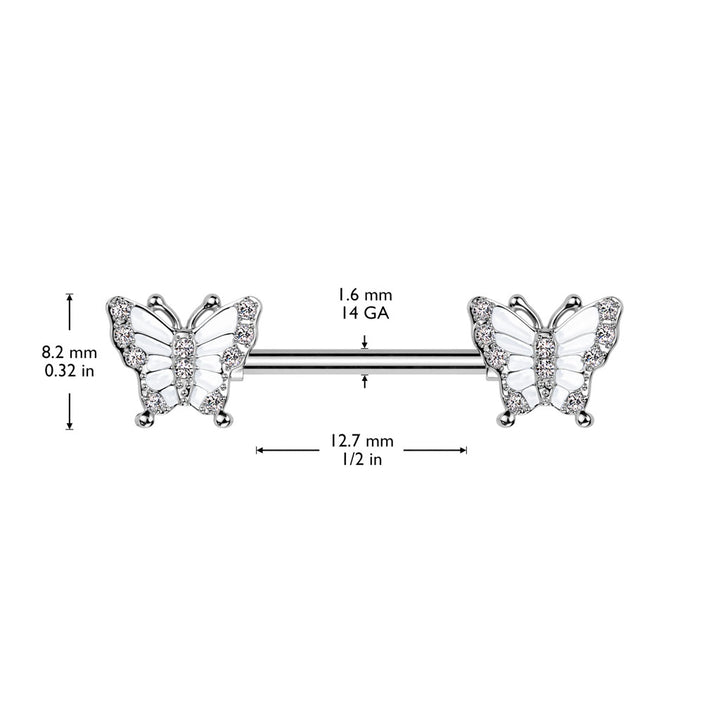 316L Surgical Steel White CZ Butterfly Nipple Ring Straight Barbell - Pierced Universe