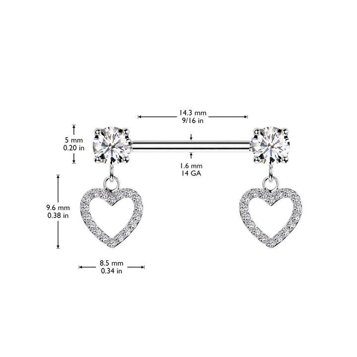 316L Surgical Steel Gold PVD White CZ Heart Outline Dangle Nipple Ring Straight Barbell - Pierced Universe