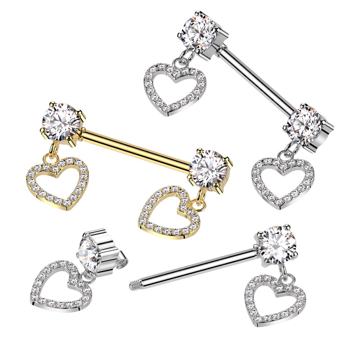 316L Surgical Steel White CZ Heart Outline Dangle Nipple Ring Straight Barbell - Pierced Universe