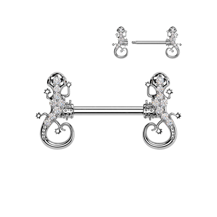 316L Surgical Steel White CZ Lizard Straight Barbell Nipple Ring - Pierced Universe
