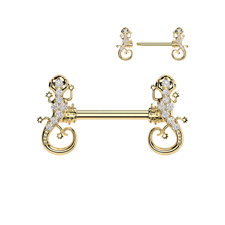 316L Surgical Steel Gold PVD White CZ Lizard Straight Barbell Nipple Ring - Pierced Universe