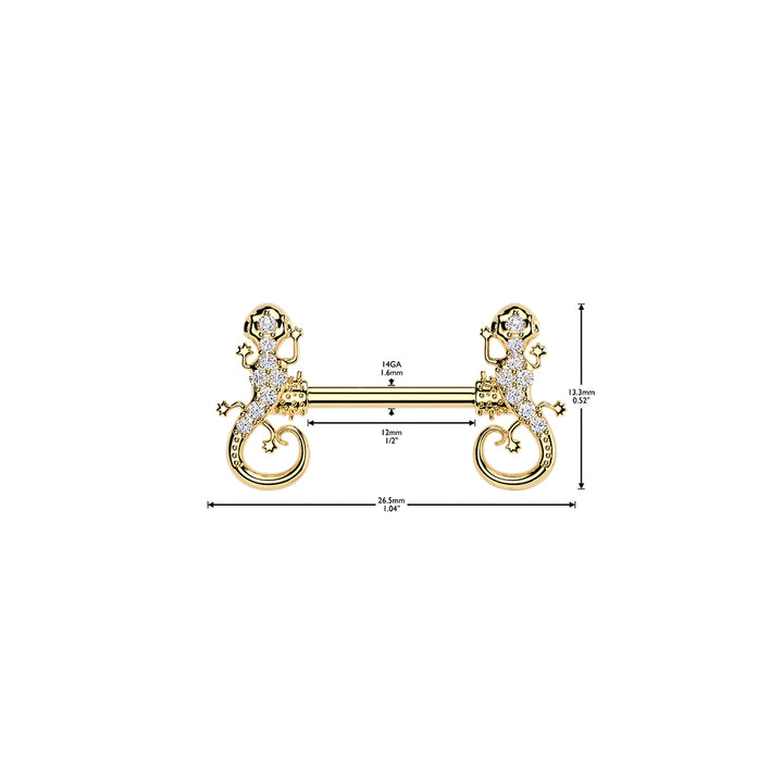 316L Surgical Steel Gold PVD White CZ Lizard Straight Barbell Nipple Ring - Pierced Universe